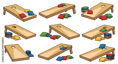 Cartoon cornhole boards and bean bags fun outdoor game illustration
