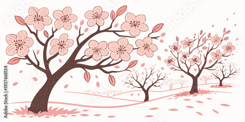 A pink cherry blossom trees in a serene landscape Vector