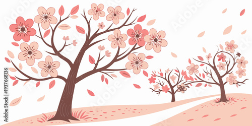 A serene landscape with trees and falling leaves Vector