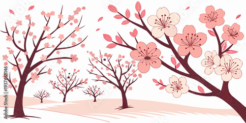 A serene landscape with blooming cherry blossom trees Vector