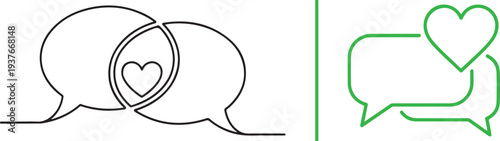 A collection of minimalist black and green line art icons showing speech bubbles integrated with hearts, representing loving dialogue, social media engagement, and positive communication.