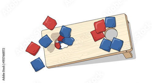 Cornhole game illustration wooden board with red and blue bean bags scattered