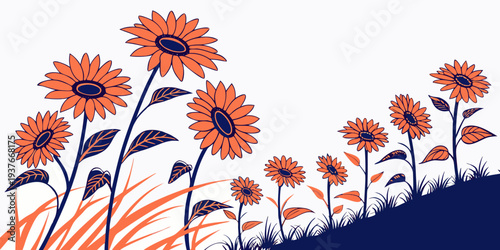 A field of orange flowers on a hillside Vector
