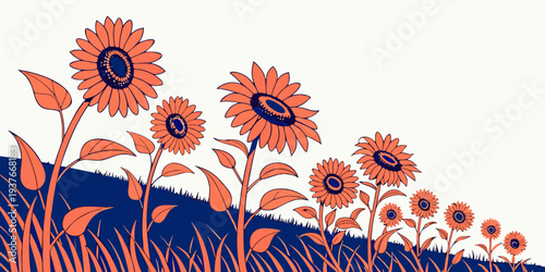 A row of orange sunflowers on a blue hill Vector