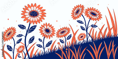 A field of orange sunflowers on a white background Vector