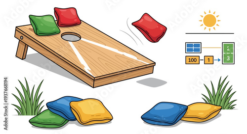 Cornhole game illustration bags board and sunny day graphic elements