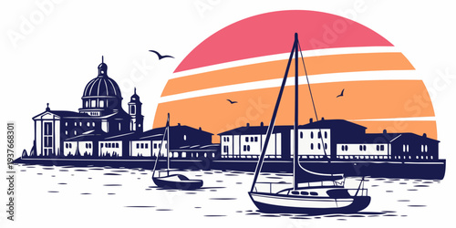 A sailboat in front of a city skyline at sunset Vector