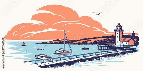 A pixel art illustration of a lighthouse by the sea Vector