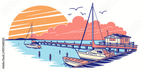 A pixel art image of a marina at sunset Vector
