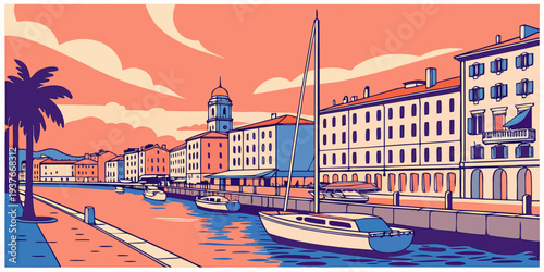 A colorful cityscape with a canal and boats Vector