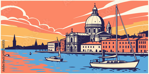 A colorful illustration of a city skyline at sunset Vector