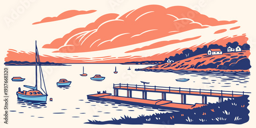 A serene harbor scene at sunset with boats and a pier Vector