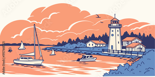 A serene coastal scene with a lighthouse and sailboats Vector