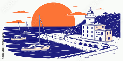 A serene coastal scene at sunset with a lighthouse Vector