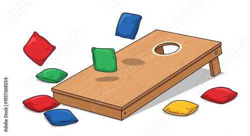 Cornhole game illustration colorful bean bags scattered around wooden board