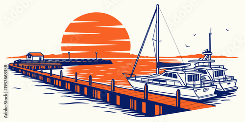 A dock with a boat and a sunset in the background Vector
