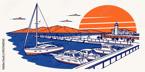 A serene marina at sunset with boats docked Vector