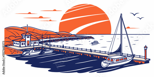 A pixelated image of a boat on the water at sunset Vector