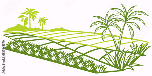 A green illustration of a tropical island with palm trees and a garden Vector