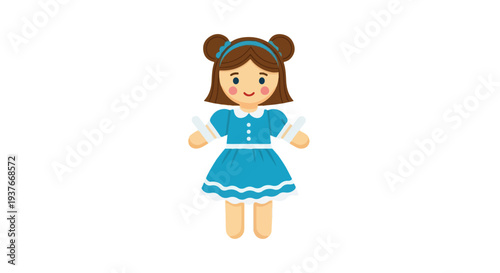 A cartoon illustration of a cheerful young girl wearing a blue dress and headband, standing with her arms outstretched against a clean white background, conveying a playful and carefree