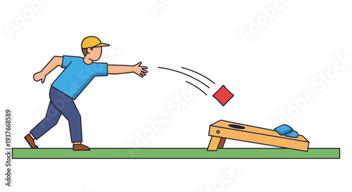 Man throwing beanbag at cornhole board in outdoor recreational activity illustration