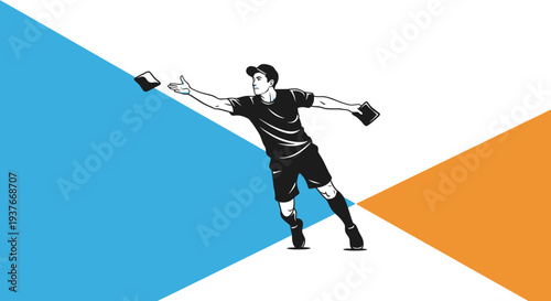 Man throwing bean bags in a sport game with geometric background design