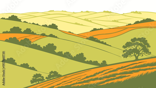 A serene landscape with rolling hills and trees Vector