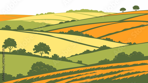 A colorful landscape of rolling hills and fields Vector