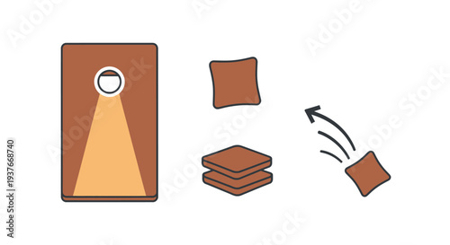 Cornhole game illustration board with hole tossed beanbag stack and singles
