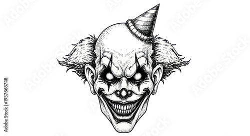 Scary Clown Face, Halloween, Horror, Evil Character, Ink Drawing