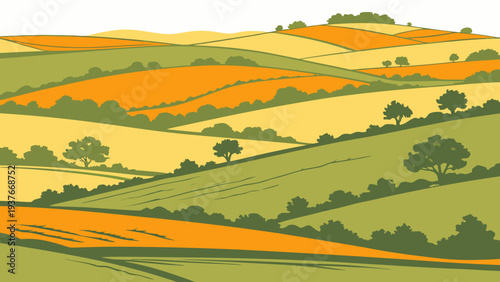 A colorful landscape of rolling hills and trees Vector