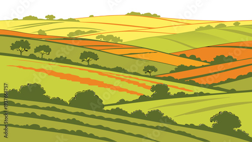 A colorful landscape with trees and fields Vector