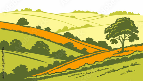 A serene landscape with rolling hills and a tree Vector
