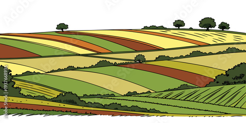 A colorful landscape of fields and trees Vector
