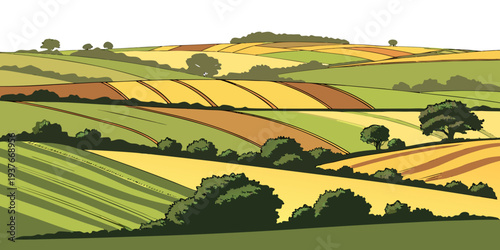 A picturesque landscape of rolling hills and fields Vector