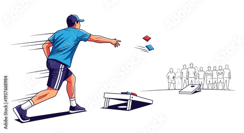 Cornhole player throwing bean bags with target and spectators illustration