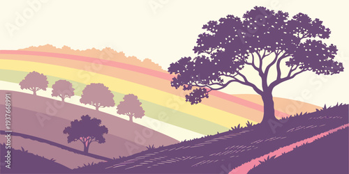 A serene landscape with a tree and a rainbow Vector