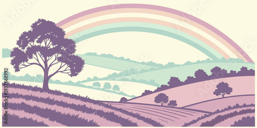 A tree stands alone under a vibrant rainbow Vector