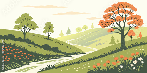 A serene landscape with a winding road through a green field Vector