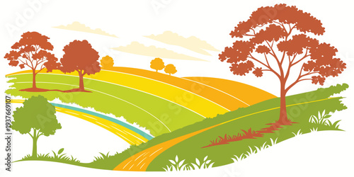 A colorful illustration of a rural landscape with trees and fields Vector