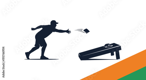 Silhouette of a person playing cornhole vector illustration with board