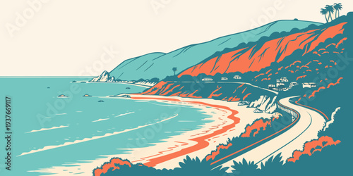A colorful illustration of a winding road by the sea Vector