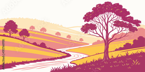 A serene landscape with a tree and a stream Vector