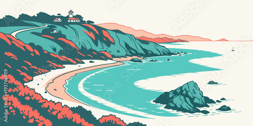 A serene landscape with a winding road and body of water Vector