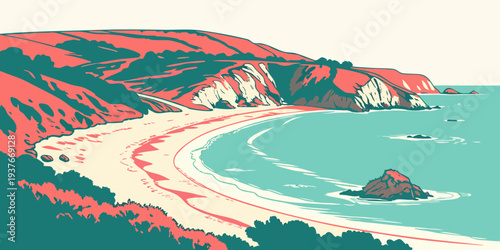 A serene beach scene with a small island in the ocean Vector