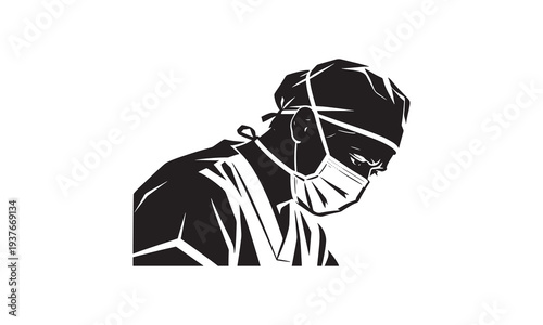 Surgeon performing operation in scrub suit and mask vector illustration