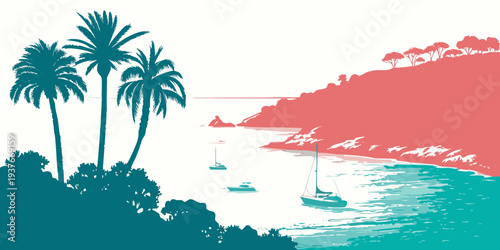 A serene tropical beach scene with palm trees and boats Vector