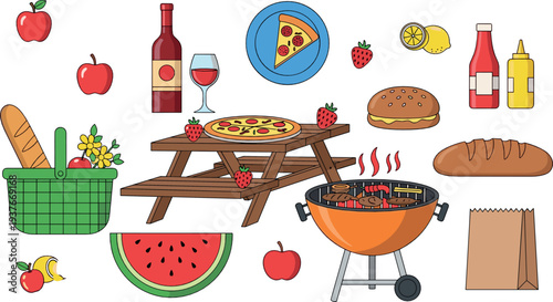Summer Picnic and BBQ Food Set with Grill, Pizza, Burger, Watermelon, Wine and Fresh Fruits Vector Illustration Collection