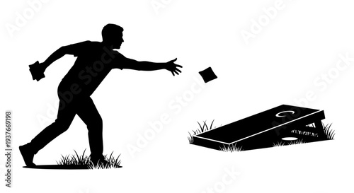 Silhouette of a person playing cornhole game outdoor leisure activity