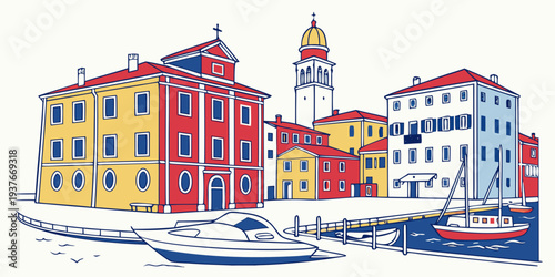 Colorful buildings by the waterfront in a small town Vector